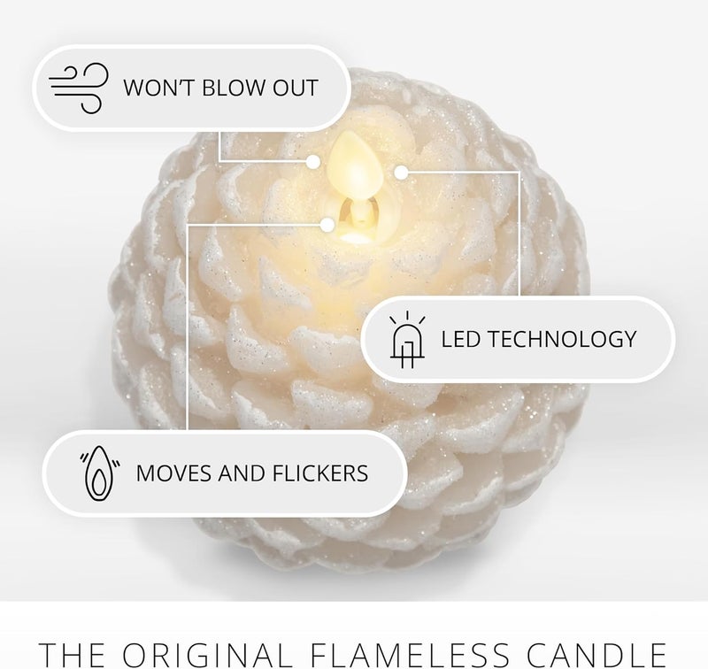 LUMINARA Pinecone Flameless Candle White Swan Glitter and Snow Finish Pine Cone Figural, Real Wax Unscented LED Candles, Battery Operated with Timer, Holiday Decoration (4.7" x 6") - Image 2